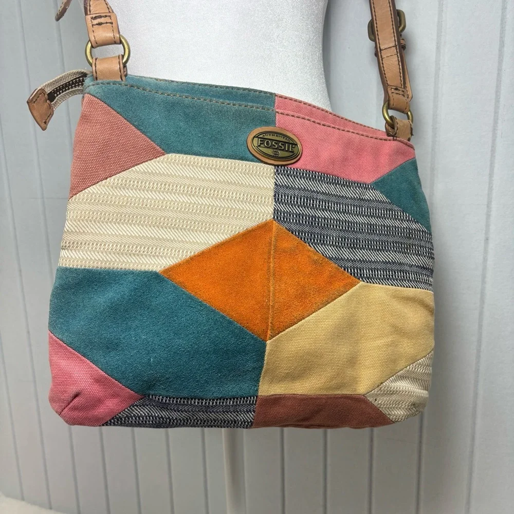 Fossil Vintage Patchwork‎ Suede Colorful Boho Style Geometric Crossbody Bag